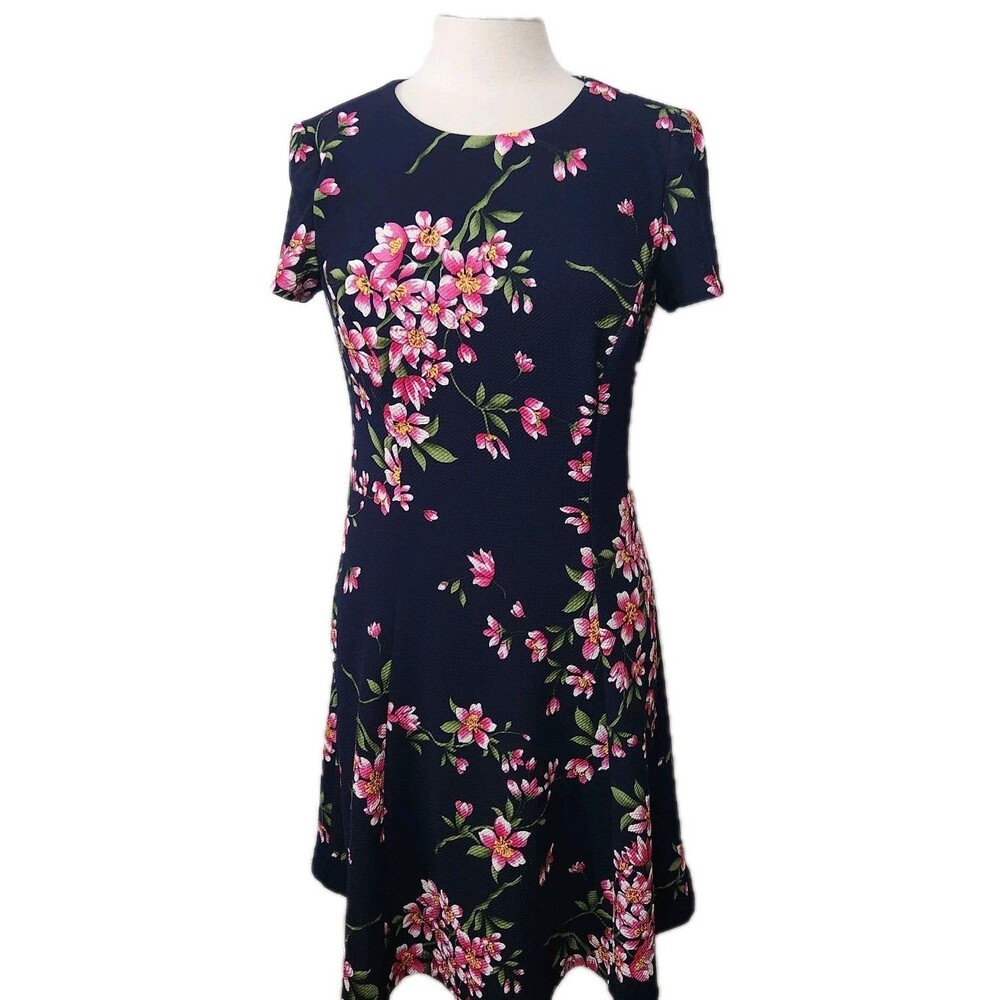Jessica Howard Dress Womens 12 Navy Pink Floral Panels Lined Back Zip Short Slv